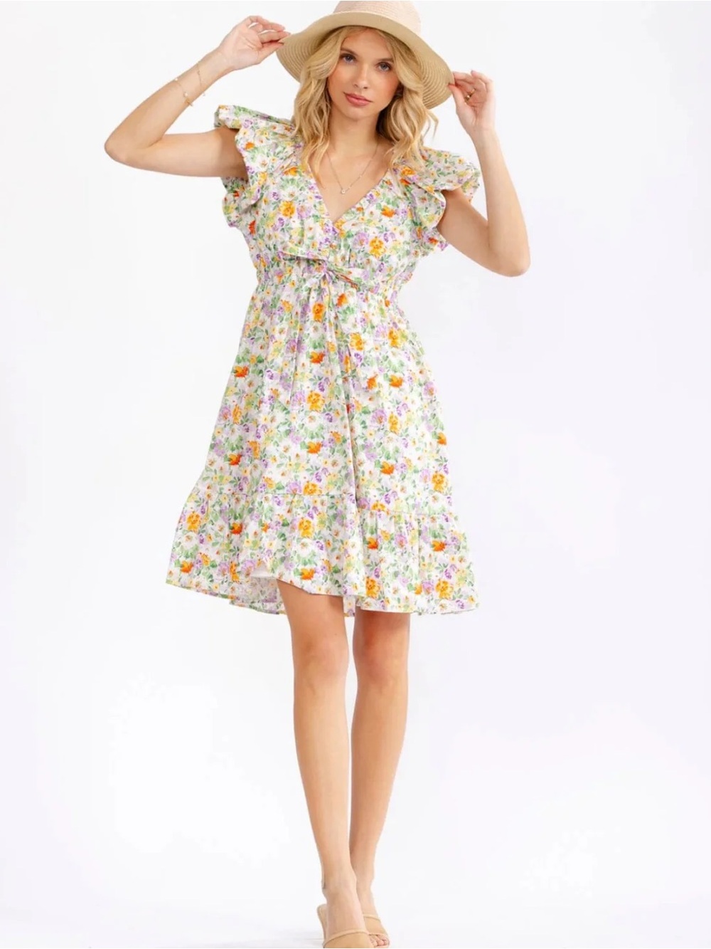 Gilli White Floral Ruffle V-Neck Mini Dress